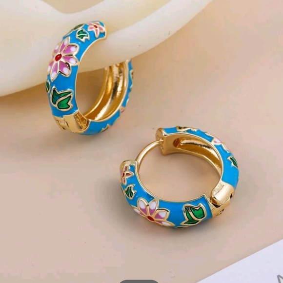 Revolve Petit Moments Art Deco Floral Enamel Mini Hoops in Blue - Picture 2 of 7
